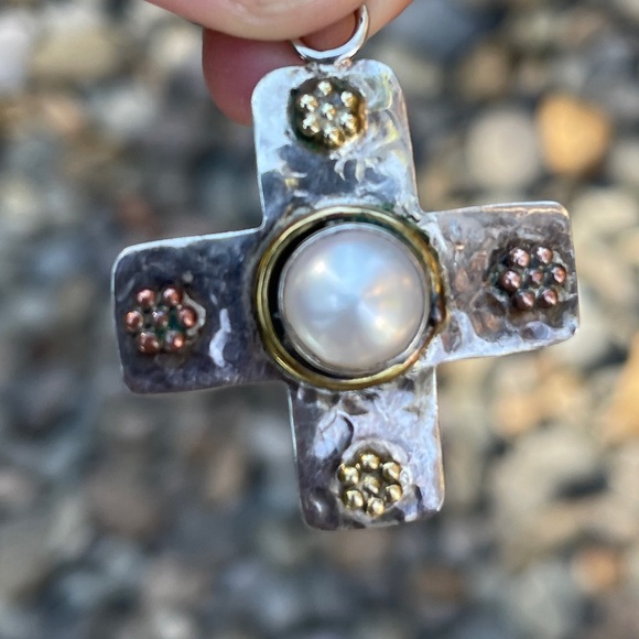 Rare square cross silver pendant signed marked designer artisan pearl vintage - Picture 8 of 9